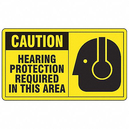 SAFETY LABEL, VINYL, ADHESIVE MOUNT, 3½ X 5 IN, 0.02 IN THICK, 5 PK, HEARING PROTECTION REQUIRED IN THIS AREA