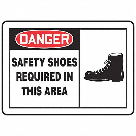SAFETY LABEL, VINYL, ADHESIVE MOUNT, 3½ X 5IN NOMINAL SIGN SIZE, 0.02IN THICK, 5 PK, SAFETY SHOES REQUIRED IN THIS AREA
