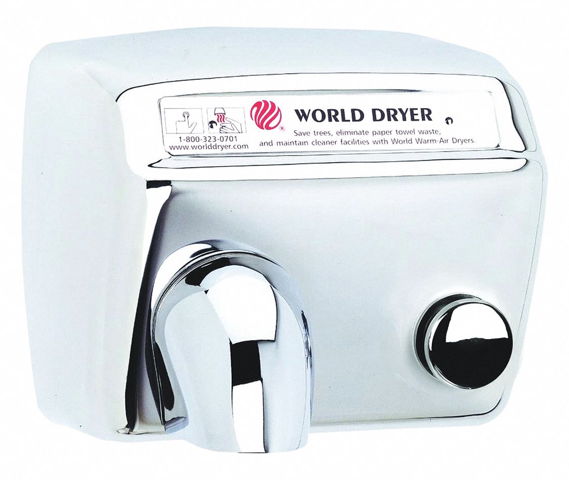 World Dryer Stainless Steel Fixed Nozzle Push Button Hand Dryer 115
