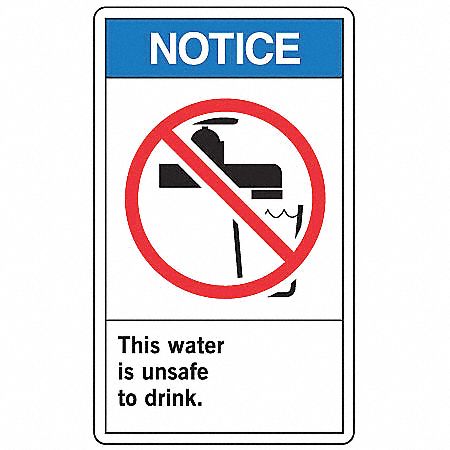 SAFETY LABEL, VINYL, ADHESIVE MOUNT, 5 IN X 3½ IN NOMINAL SIGN SIZE, 0.02 IN THICK, 5 PK, THIS WATER IS UNSAFE TO DRINK