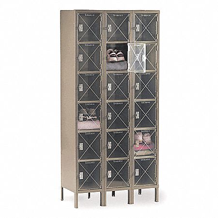 Box Locker: 36 in x 18 in x 78 in, 6 Tiers, 3 Units Wide, Clearview, Padlock Hasp, Tan, Tan