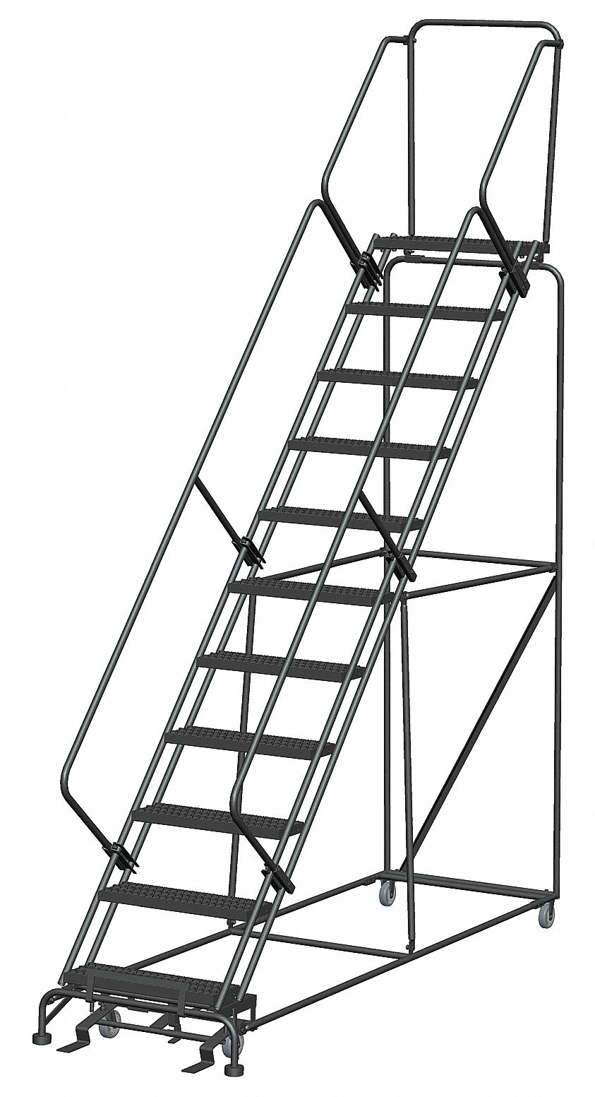 Rolling Ladder: 9.2 ft Platform Ht, Assembled, Steel, Manual Lock, Serrated, 32 in x 98 in