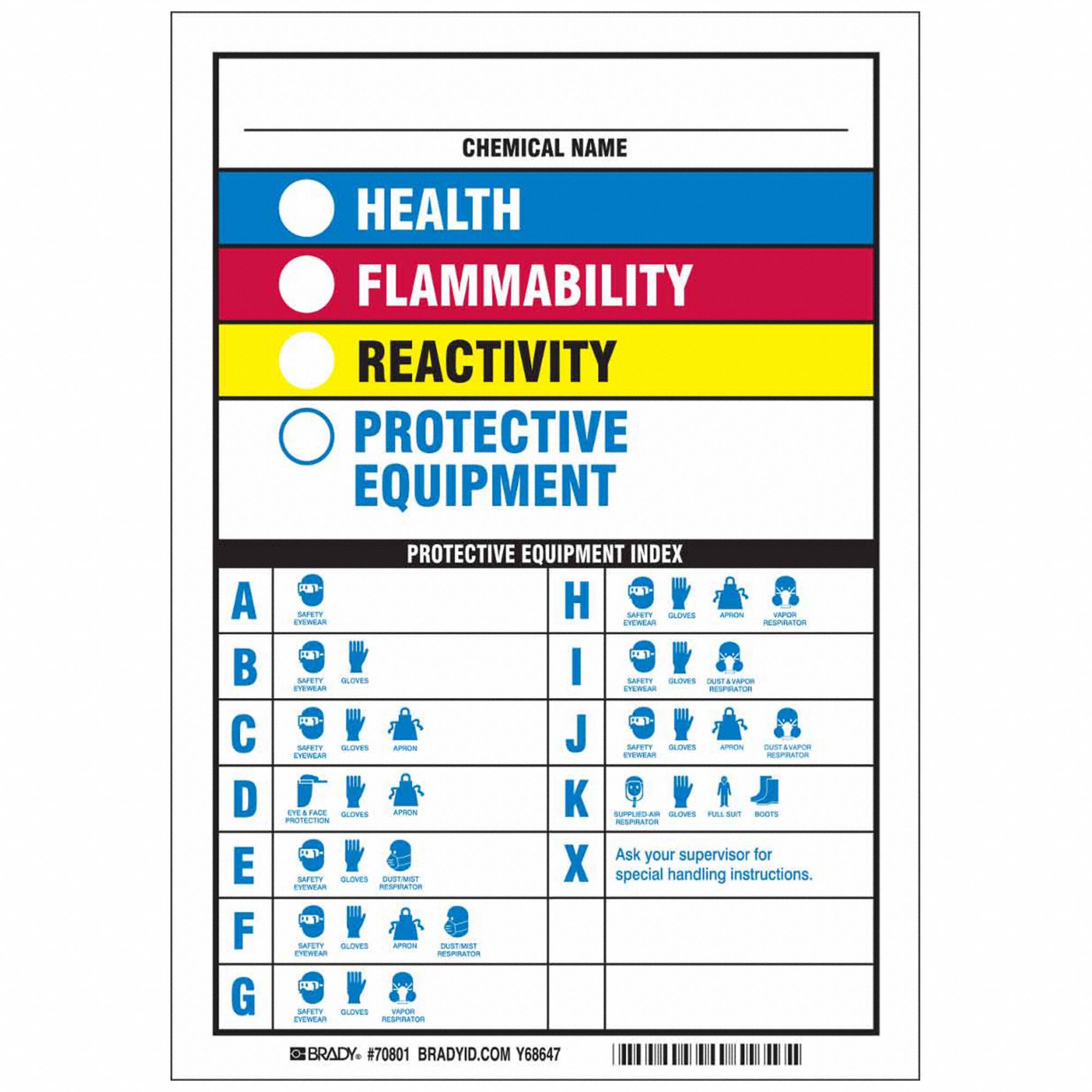 BRADY, 10 in Ht, 7 in Wd, Label 8E46270801 Grainger