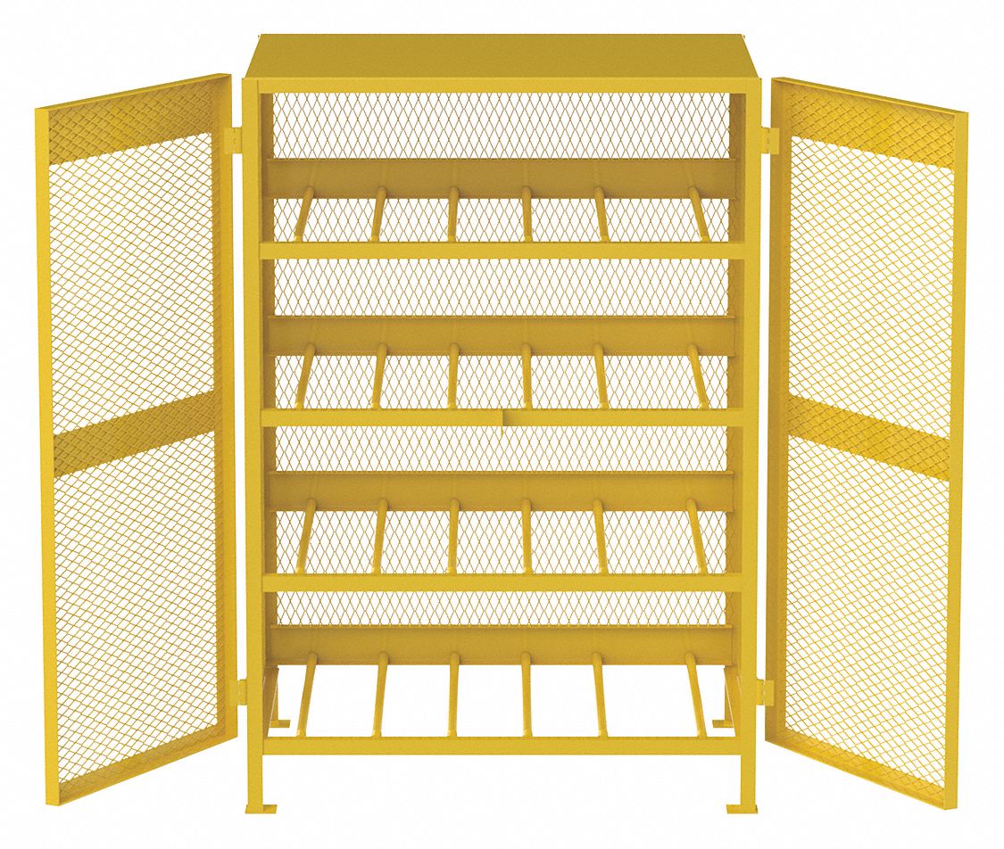 CYLINDER STORAGE CABINET, 12 HORIZONTAL CYLINDERS, 50 IN X 40 IN X 71 IN, STEEL, YELLOW, 3 SHELVES