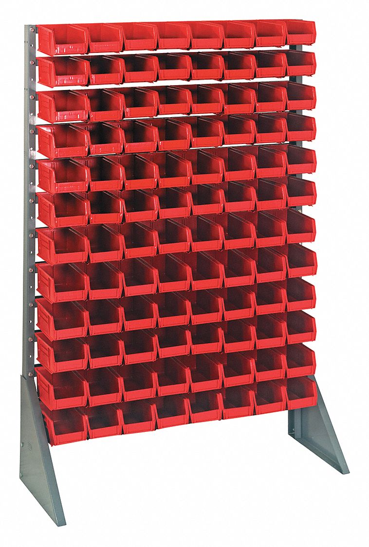 Bin Rail Floor Rack: 36 in x 15 in x 54 in, 1 Usable Sides, 96 Bins, Red