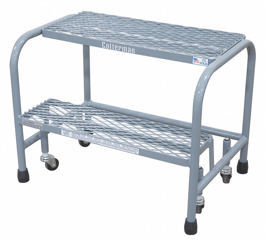 Step Stool: 1.7 ft Overall Ht, 450 lb Load Cap, 2 Steps, Steel, 1.7 ft Standing Ht