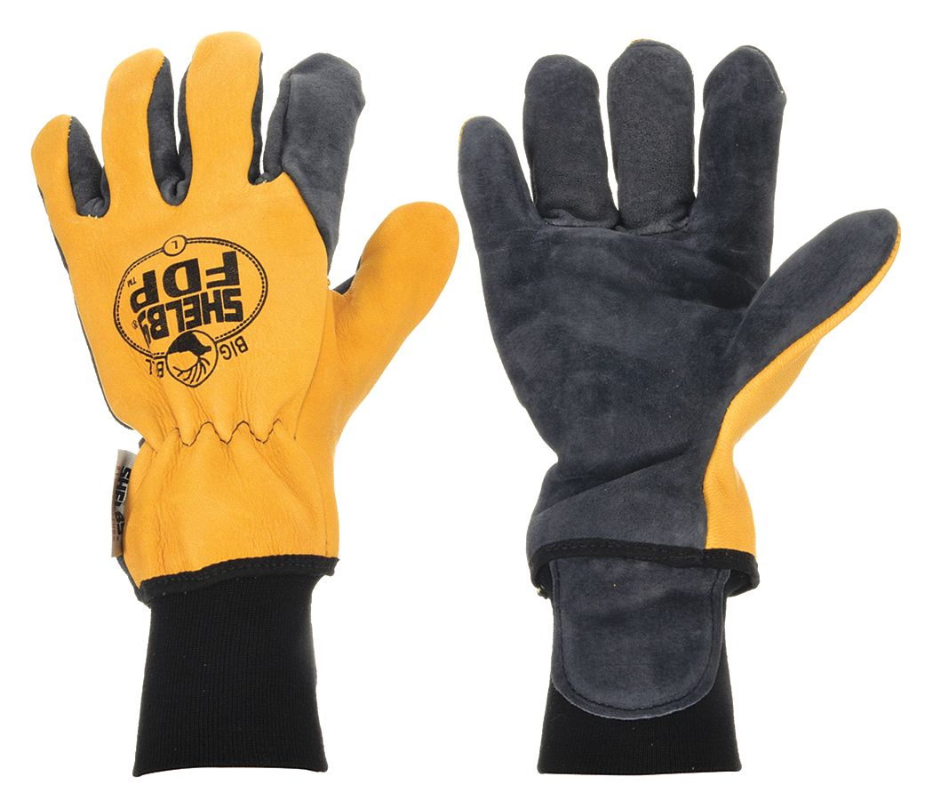 Firefighter Gloves: Brushed Pigskin Leather Palm, Elkhide Leather, Blue/Gold, Cuff Knit, 1 PR