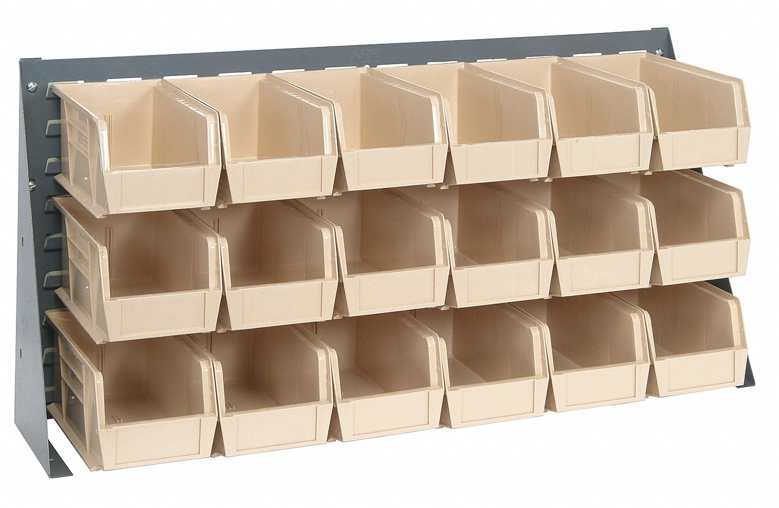 Louvered Bench Rack: 20 in x 36 in x 1/4 in, 1 Sides, 18 Bins, Gray