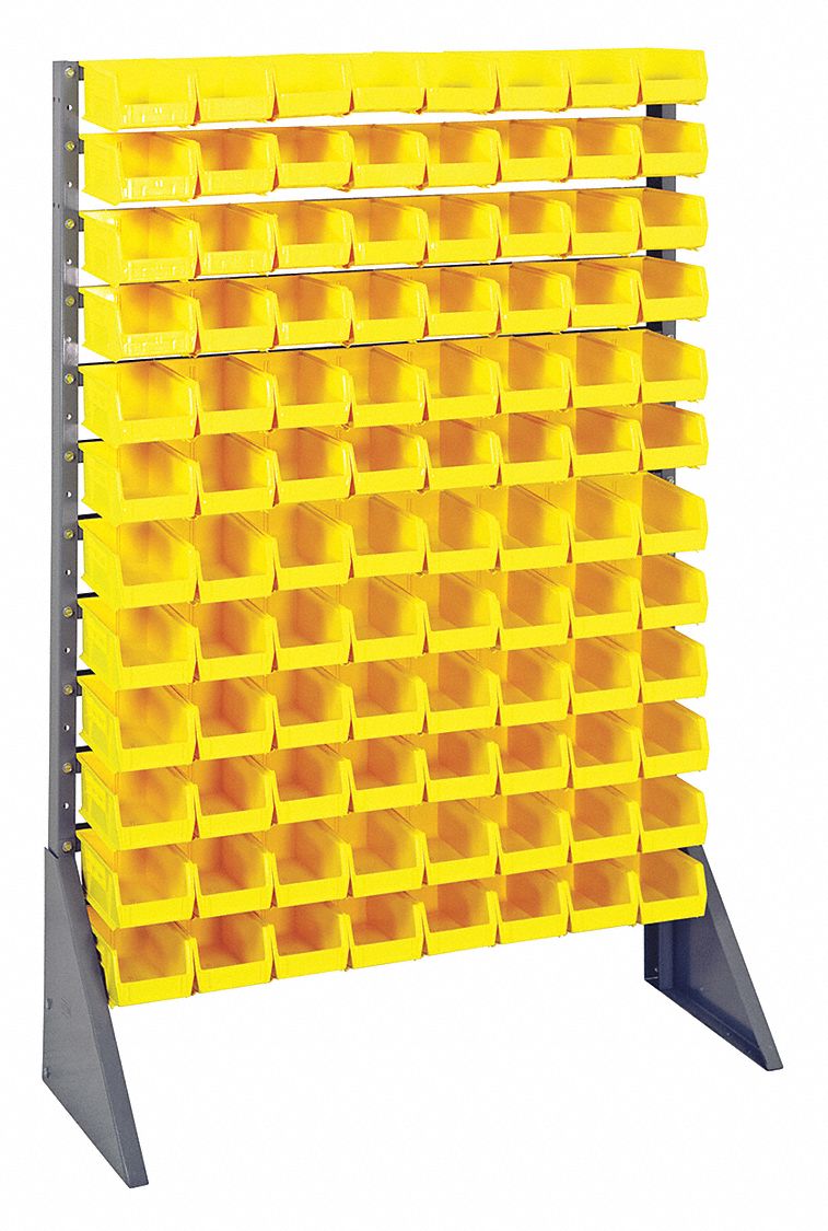 Bin Rail Floor Rack: 36 in x 15 in x 54 in, 1 Usable Sides, 96 Bins, Yellow