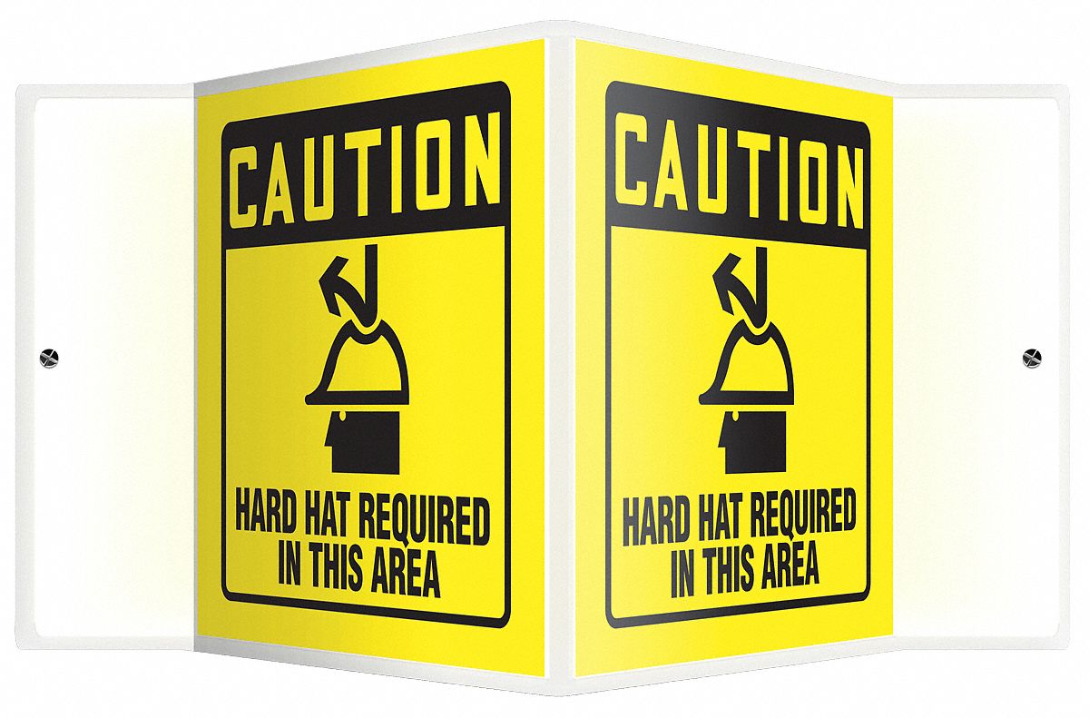 V-SHAPE PROJECTION SIGN, PLASTIC, HARD HAT REQUIRED IN THIS AREA, HEADER CAUTION, V-SHAPED, 6 IN HEIGHT, YELLOW/BLACK