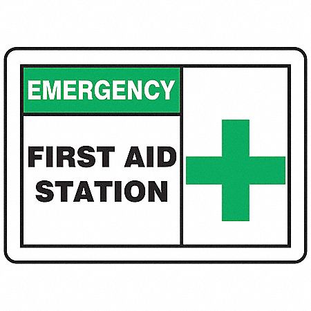 SAFETY LABEL, VINYL, ADHESIVE MOUNT, 3½ IN X 5 IN NOMINAL SIGN SIZE, 0.02 IN THICK, 5 PK, FIRST AID STATION