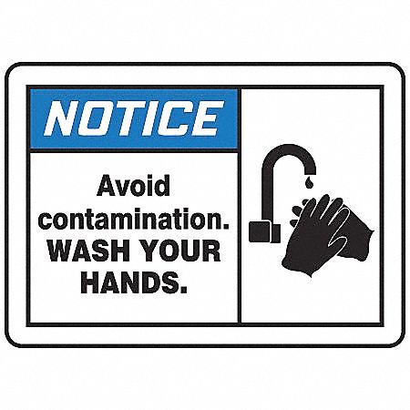 SAFETY LABEL, VINYL, ADHESIVE MOUNT, 3½X5IN NOMINAL SIGN SIZE, 0.02IN THICK, 5 PK, AVOID CONTAMINATION. WASH YOUR HANDS