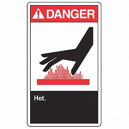 SAFETY LABEL, VINYL, ADHESIVE MOUNT, 3½ IN X 5 IN NOMINAL SIGN SIZE, 0.02 IN THICK, 5 PK, HOT.