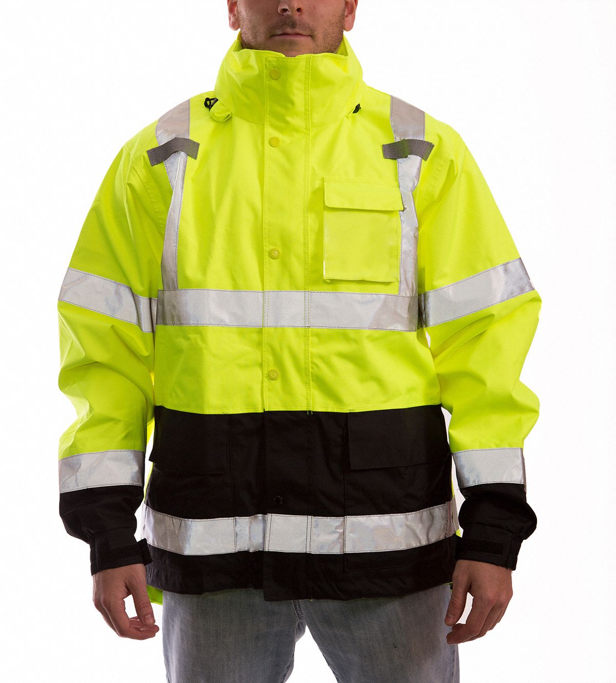TINGLEY High Visibility Rain Jacket with hood U, ANSI Class 3, 4XL, Green/Yellow, 6 Pockets