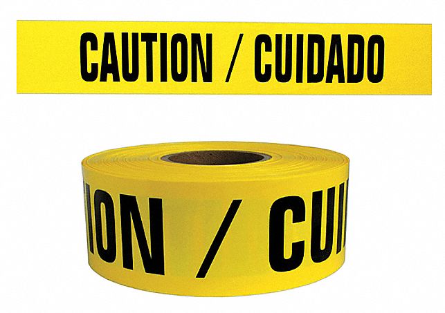 Barricade Tape: 1, 000 ft Lg, 3 in Wd, Caution/Cuidado Legend, Polyethylene