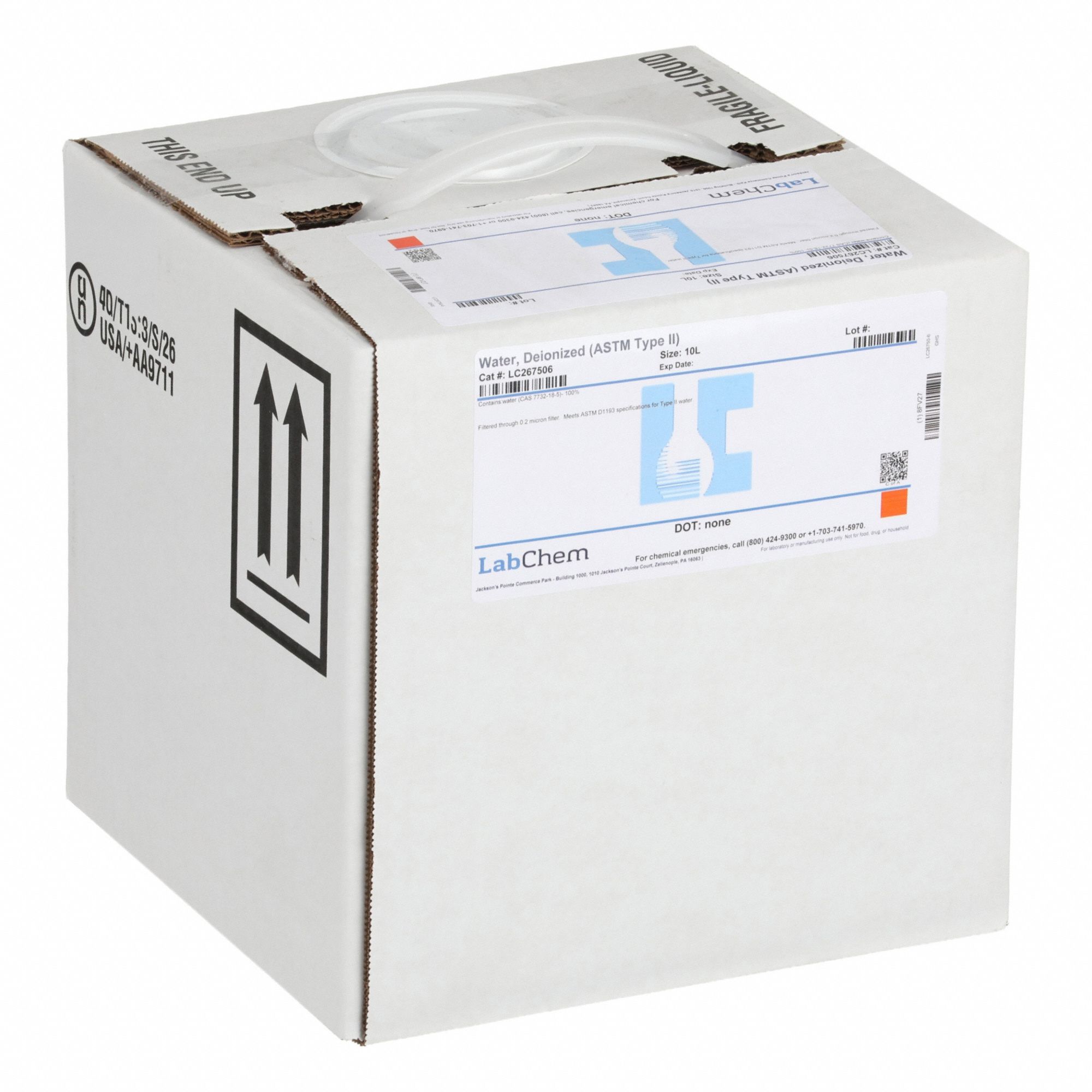 Water - ASTM Type 2: 10 L Volume, Liquid, Box, Plastic, 7732-18-5, Reagent, H2O, ACS/Lab, 1