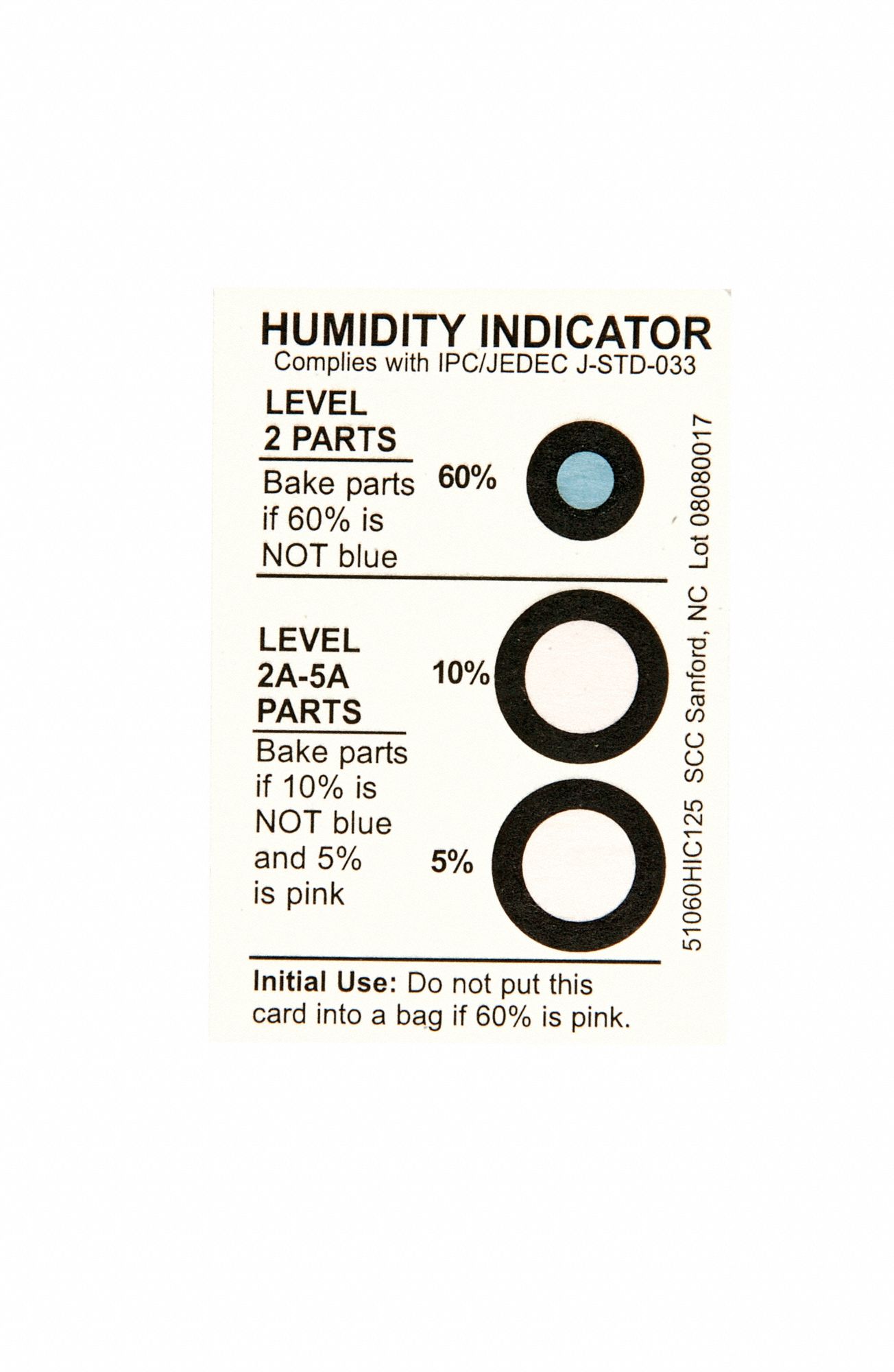 HUMIDITY INDICATOR, 2 IN W, 3 IN L, 3 DOTS, 5%/10%/60% HUMIDITY LEVELS, 125 PK