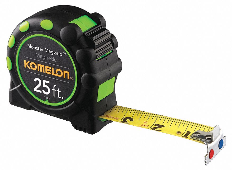 Magnetic Tip Tape Measure: 25 ft Blade Lg, 1 in Blade Wd, in/ft, Closed, Rubberized, Steel