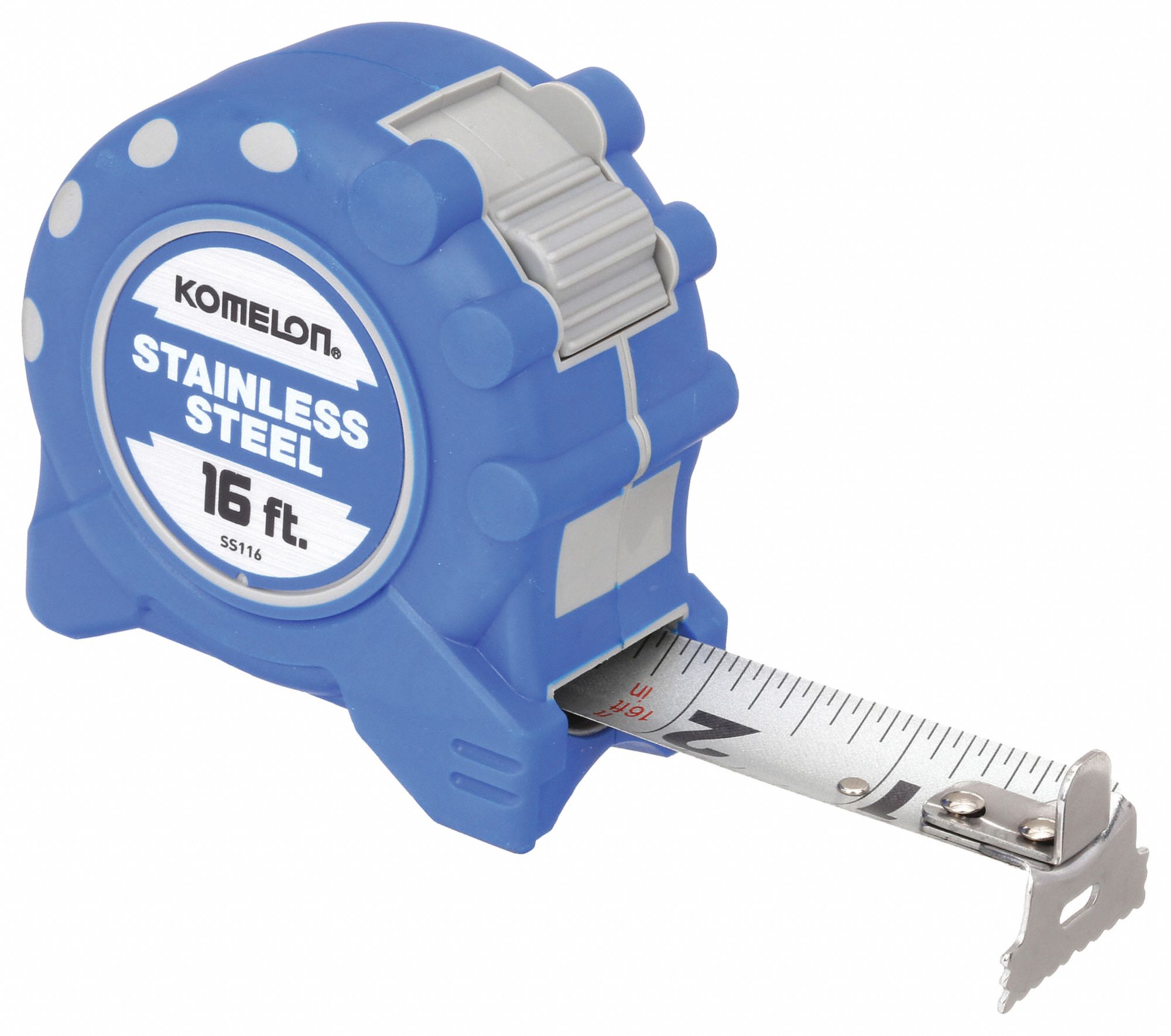 Tape Measure: Nonmagnetic Double Hook Tip, 16 ft, Plastic with Rubberized Grip, Blue