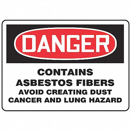 DANGER SIGN, PLASTIC, CONTAINS ASBESTOS FIBRES AVOID CREATING DUST CANCER & LUNG HAZARD, HOLE MOUNT, 7 X 10IN, WHT/BLK