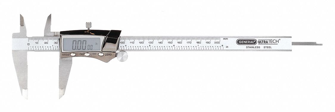 FRACTIONAL-DISPLAY DIGITAL CALIPER, 0 TO 8 IN/0 TO 203MM RANGE, STAINLESS STEEL, 4-WAY