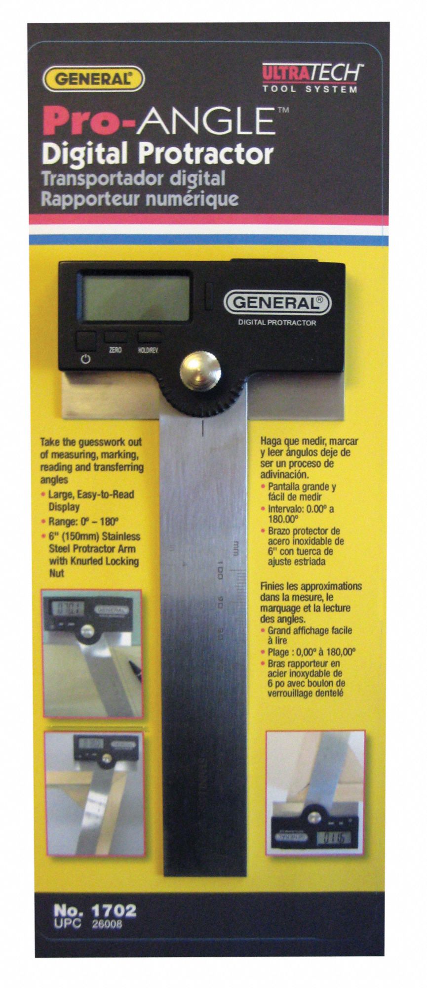 GENERAL Digital Protractor, Operation Type Digital, Range 0° to 180
