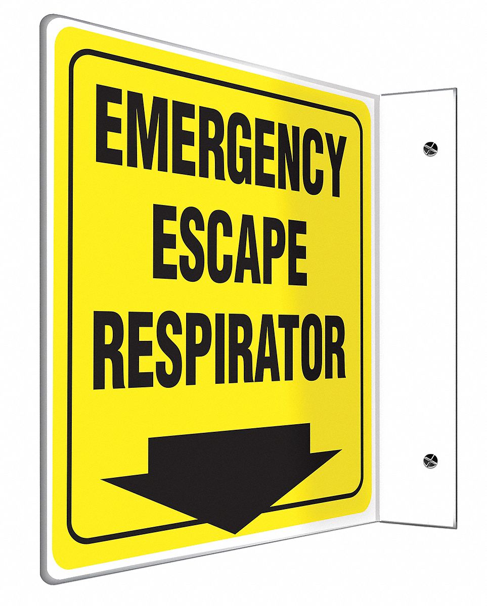 L-SHAPE PROJECTION SIGN, PLASTIC, EMERGENCY ESCAPE RESPIRATOR, NO HEADER, L-SHAPED, 8 IN HEIGHT