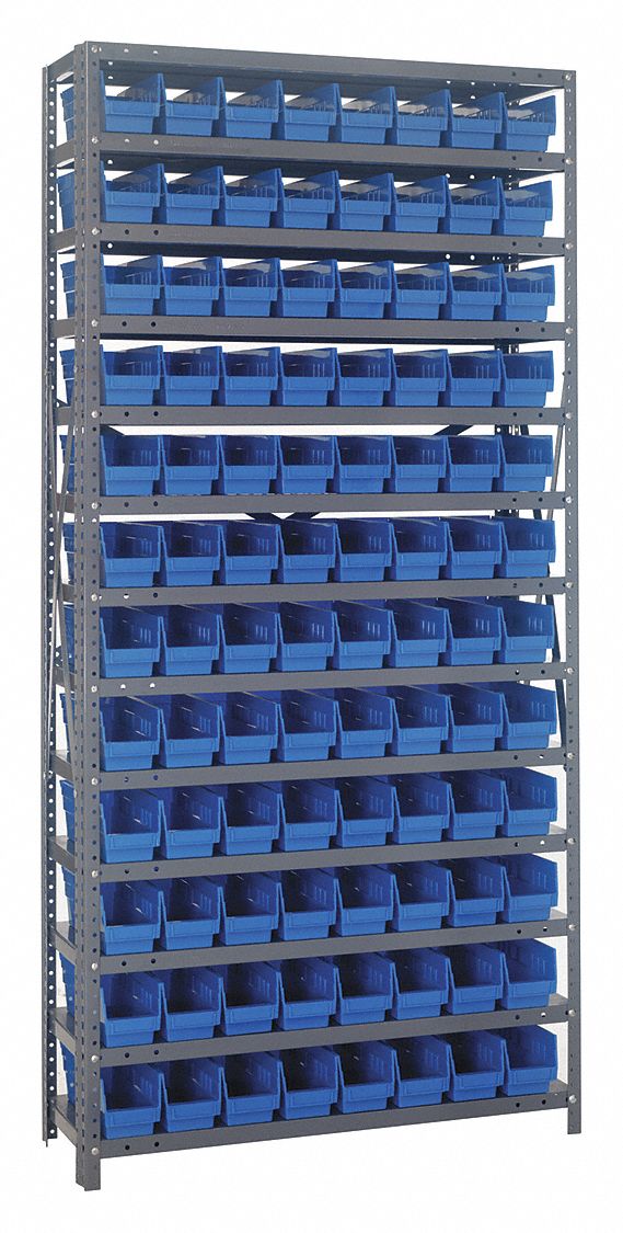 Bin Shelving: 36 in x 18 in x 75 in, 1 Sided, 96 Bins, Open, Shelf Bin, Blue