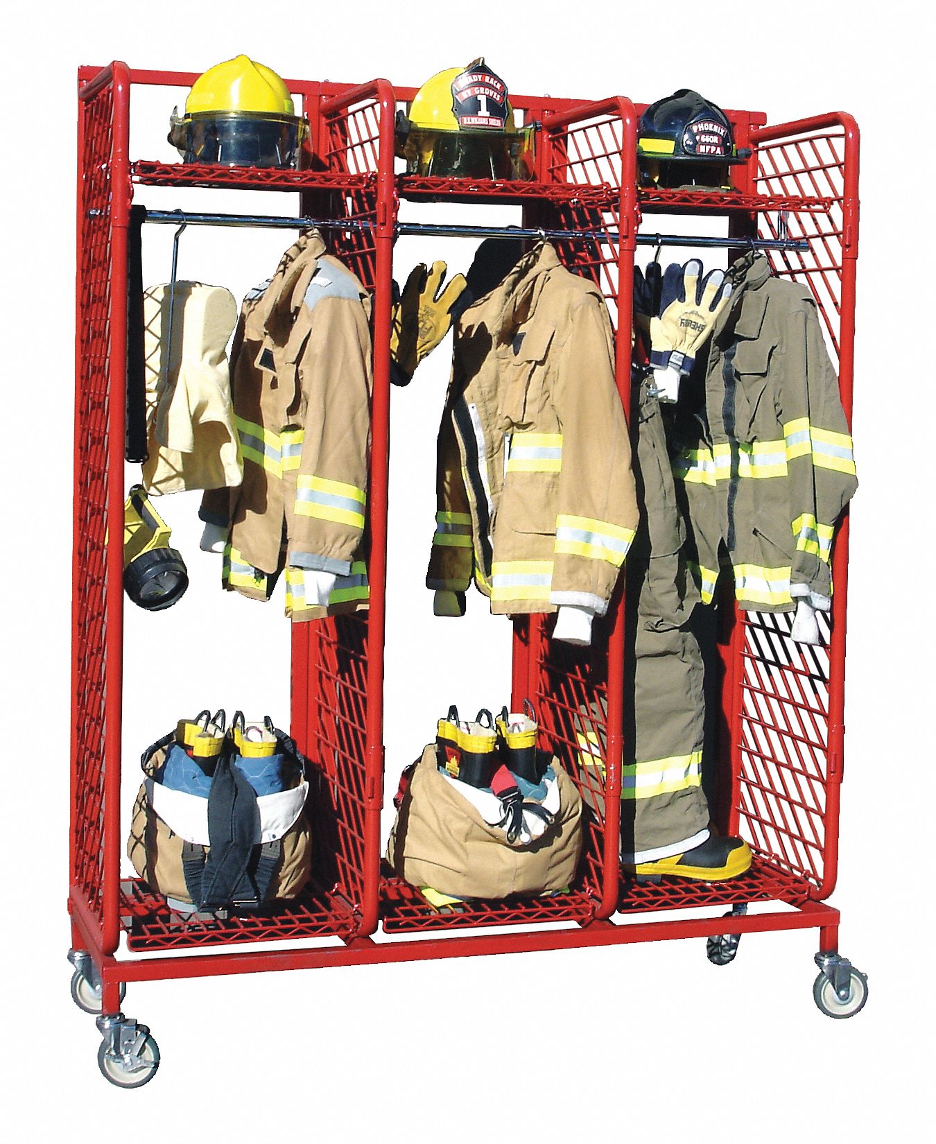 GROVES Turnout Gear Storage Rack: Mobile, 1 Sides, 3 Compartments, Red  Powder-Coat