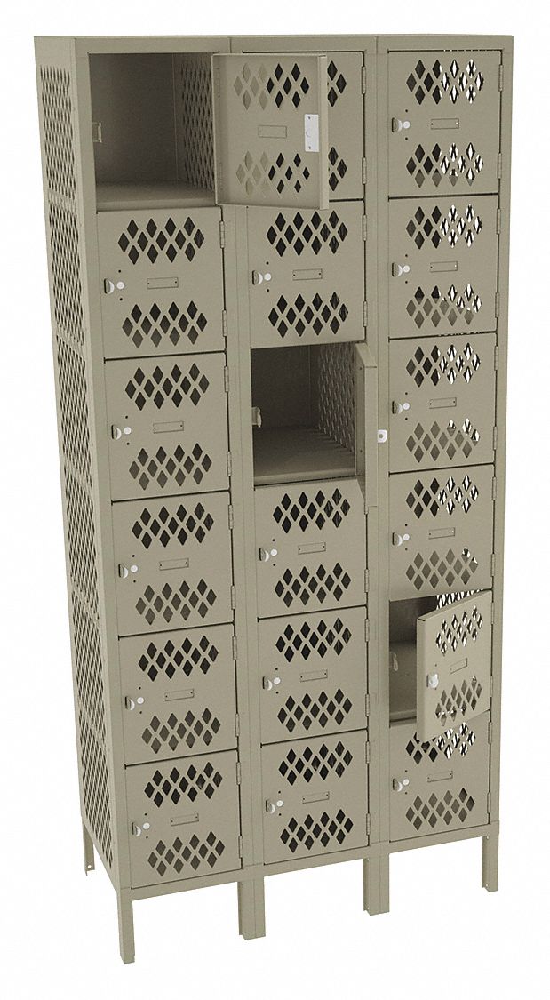 Box Locker: 36 in x 18 in x 78 in, 6 Tiers, 3 Units Wide, Ventilated, Padlock Hasp, Tan, Tan