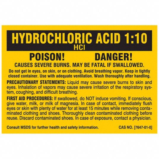 Hydrochloric Acid 1:10, 2 in Ht, Label - 8PD78|20232PLS - Grainger