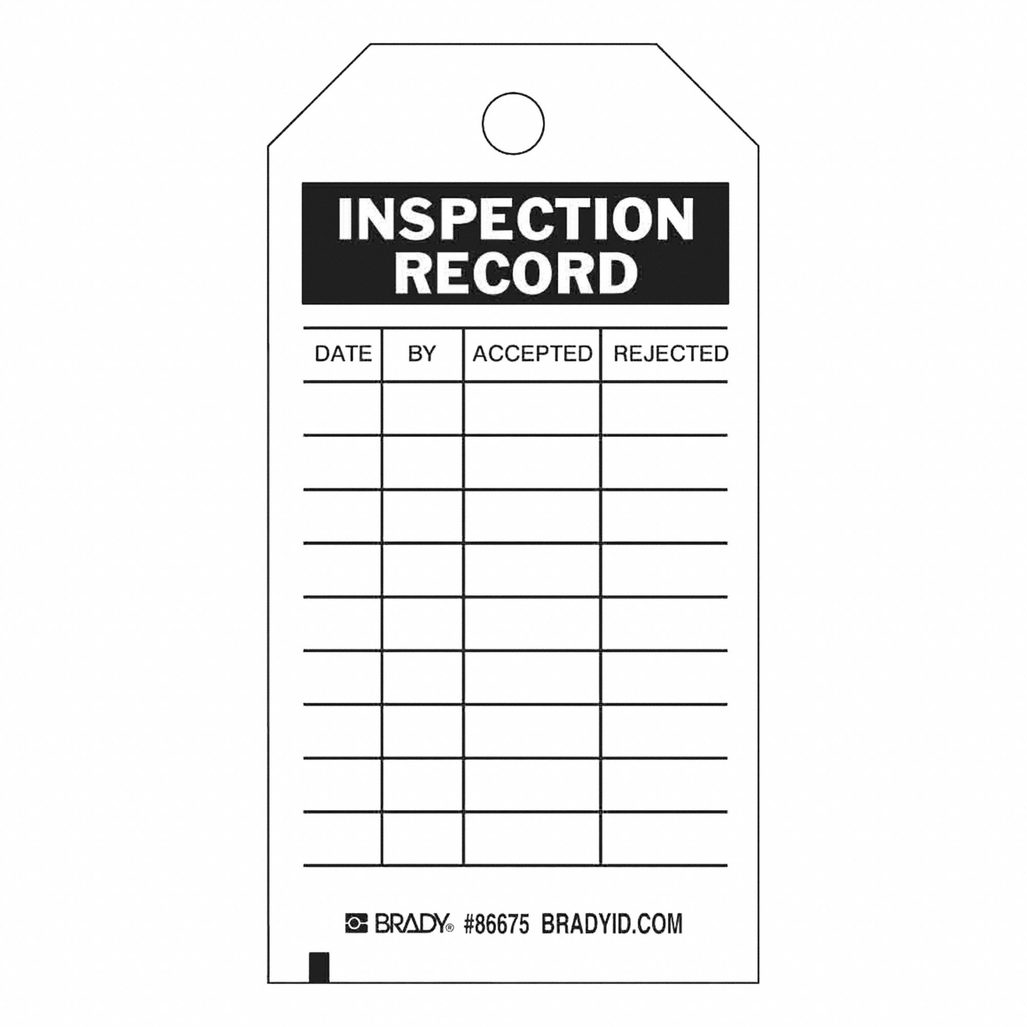 Tag: Inspection Record, 3 in Wd, 5 3/4 in Ht, Black/White, Rectangle, Paper, Indoor, English, 100 PK