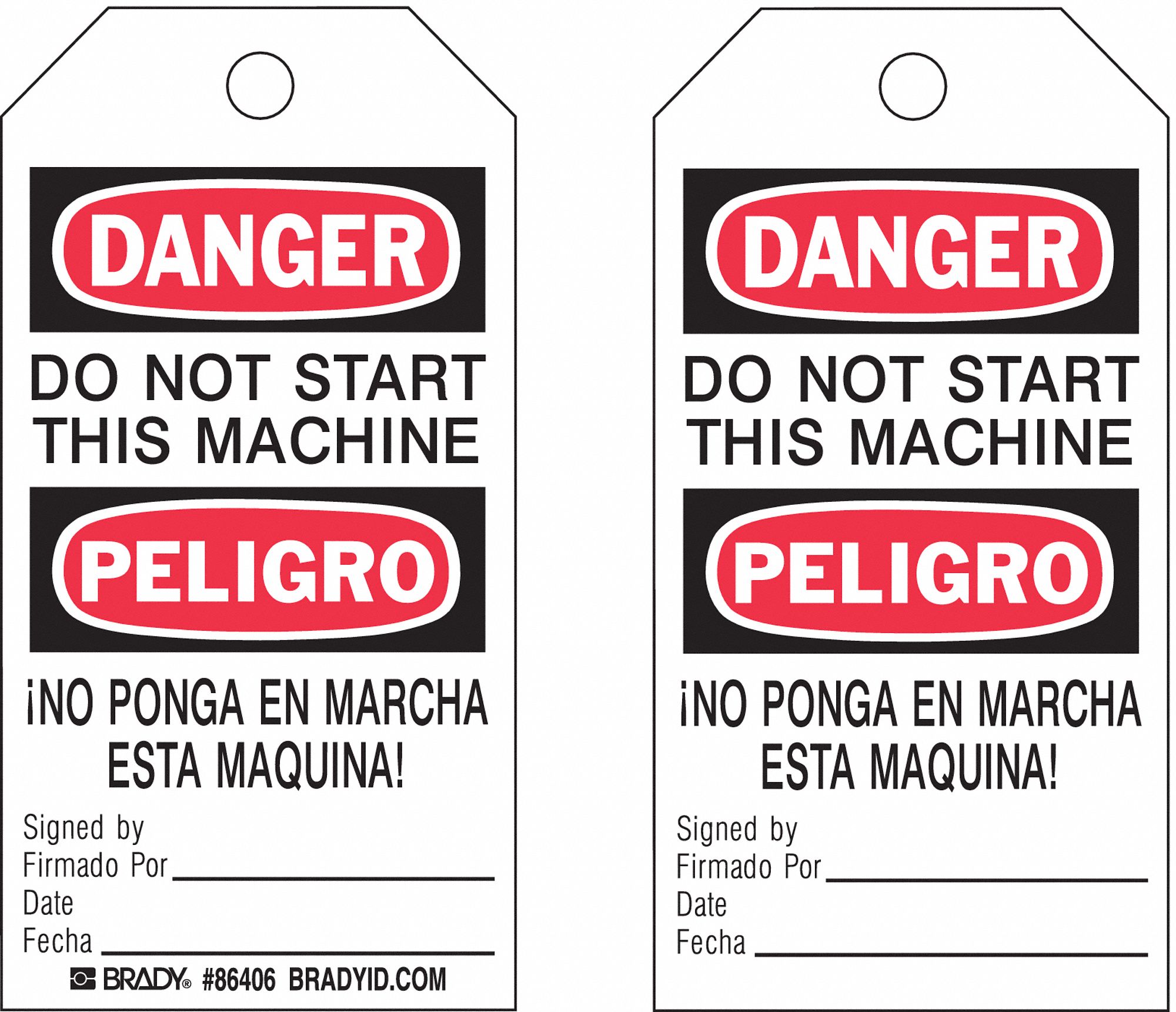 Danger Bilingual Tags: Black/Red/White, Cable Tie, 10 Tags, Cleaning and Maint, Polyester, 10 PK