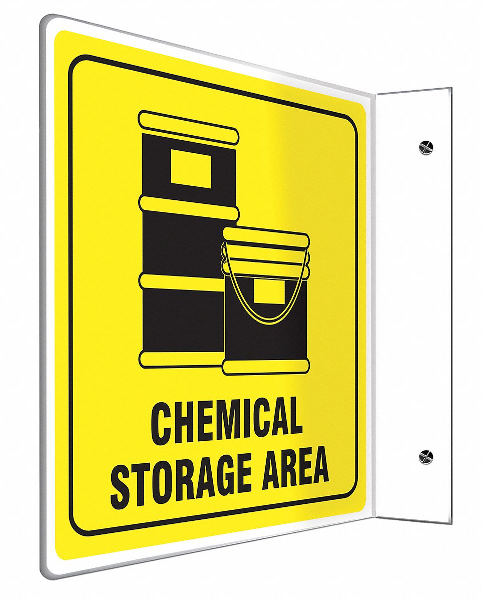 L-SHAPE PROJECTION SIGN, PLASTIC, CHEMICAL STORAGE AREA, NO HEADER, L-SHAPED, 8 IN HEIGHT, BLACK