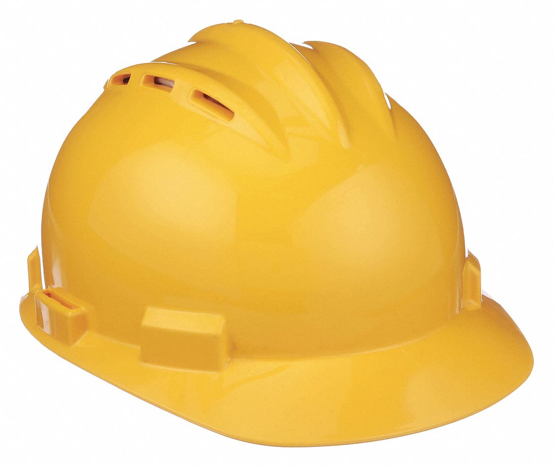 Hard Hat: Yellow, No Graphics, Ratchet (4-Point), Ratchet, Polyethylene, Side-Slots, BULLARD