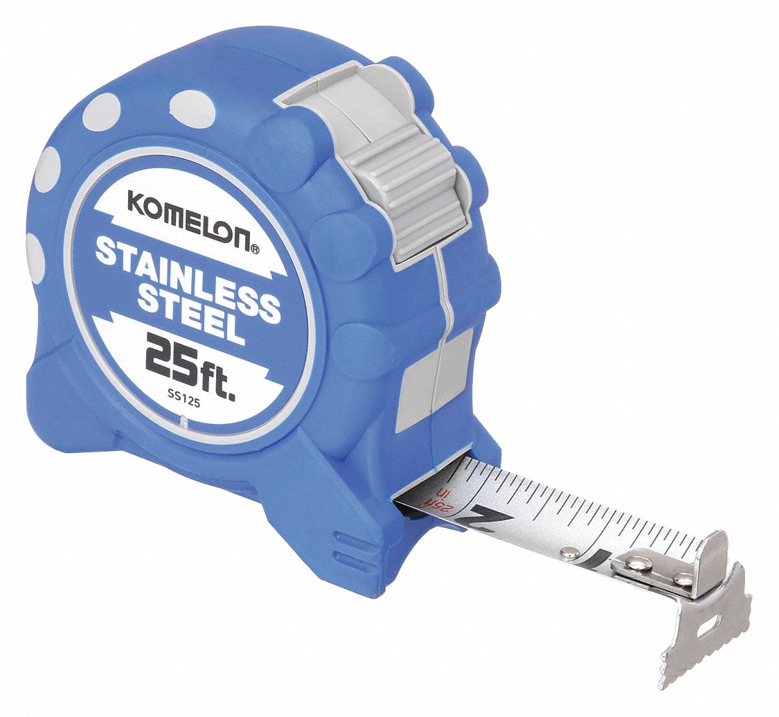 Tape Measure: Nonmagnetic Double Hook Tip, 25 ft, Plastic with Rubberized Grip, Blue