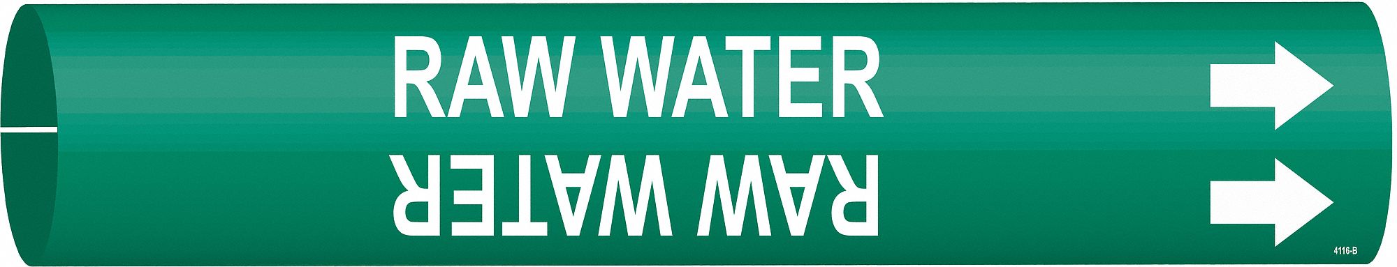Pipe Marker: Raw Water, Green, White, Fits 1 1/2 to 2 3/8 in Pipe O.D., 1 Pipe Markers, With Arrows