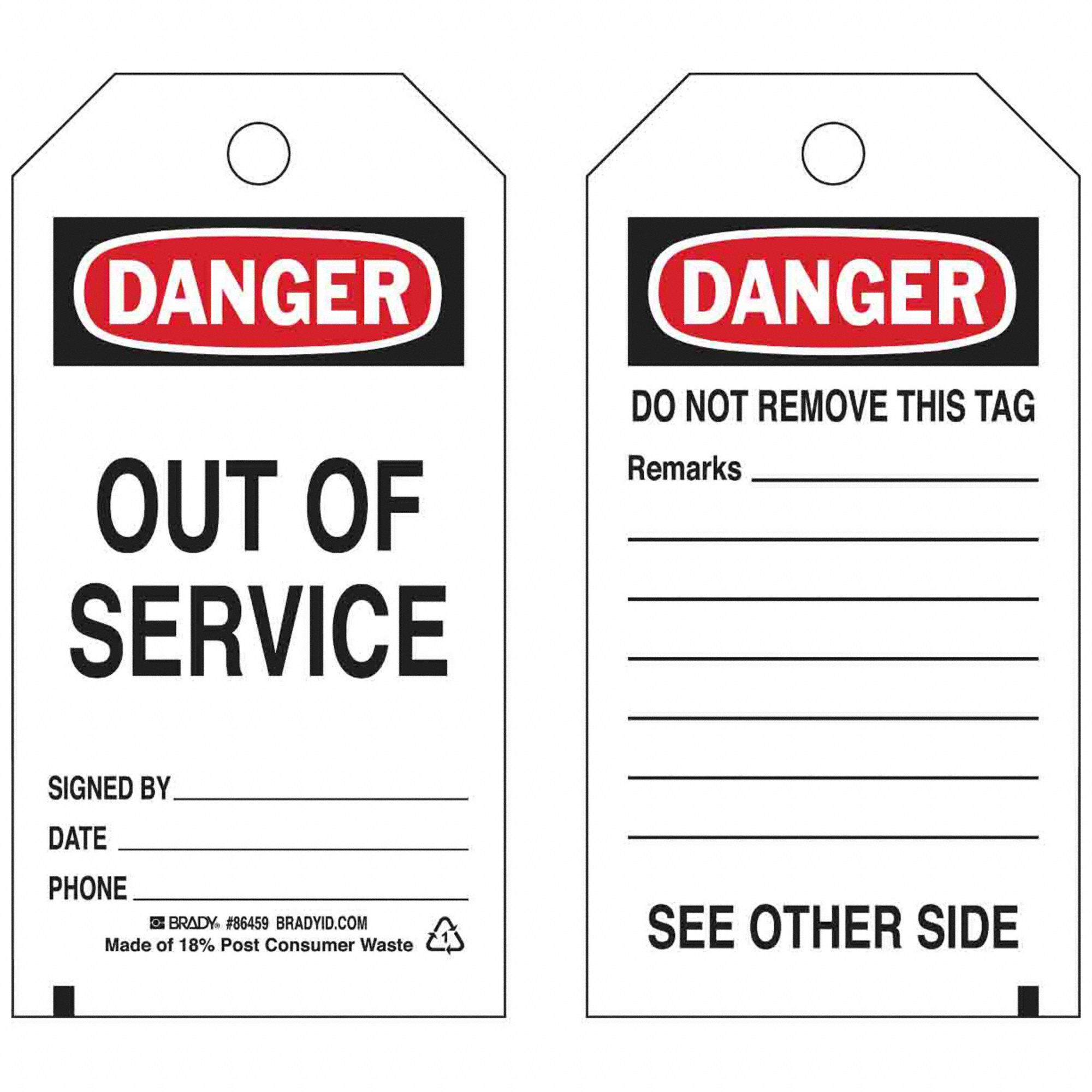 Tag: Danger, 3 in Wd, 5 3/4 in Ht, Black/Red/White, Rectangle, Matte, Polyester, Outdoor, 10 PK