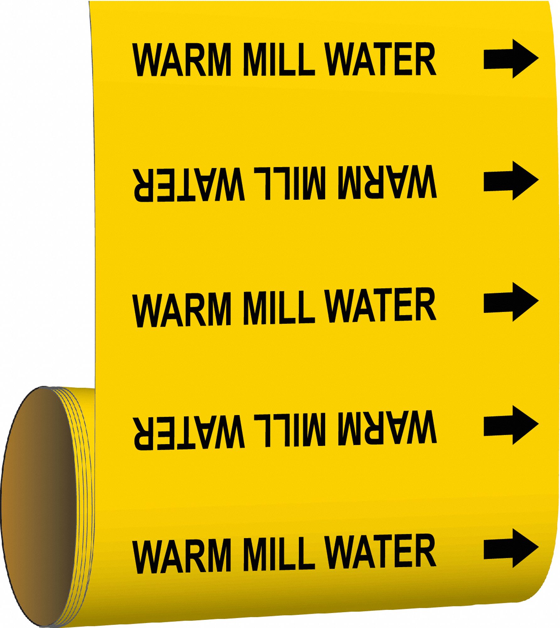 Pipe Marker: Warm Mill Water, Yellow, Black, Fits 2 1/2 to 6 in Pipe O.D., 30 Pipe Markers