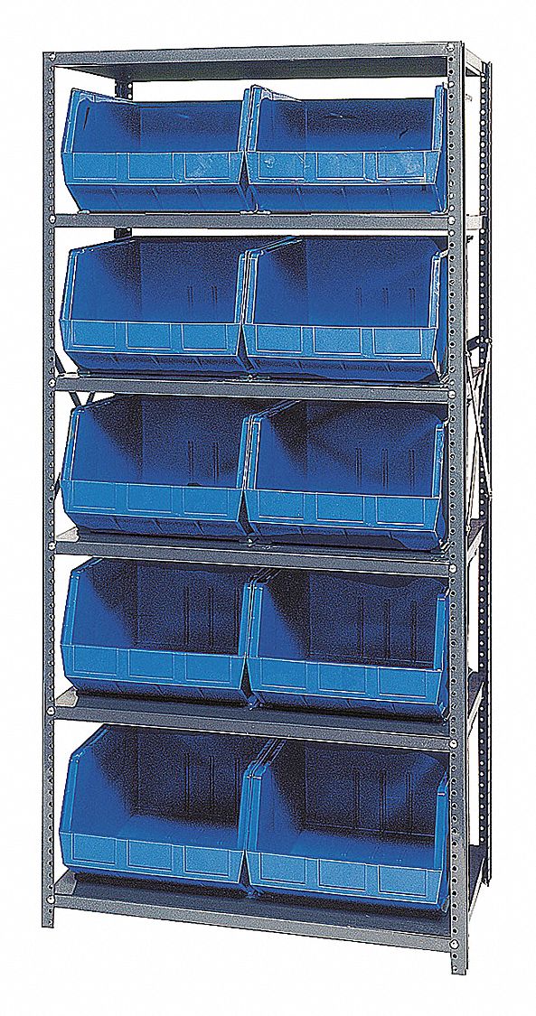 Bin Shelving: 36 in x 18 in x 75 in, 1 Sided, 10 Bins, Open, Blue, 6 Shelves