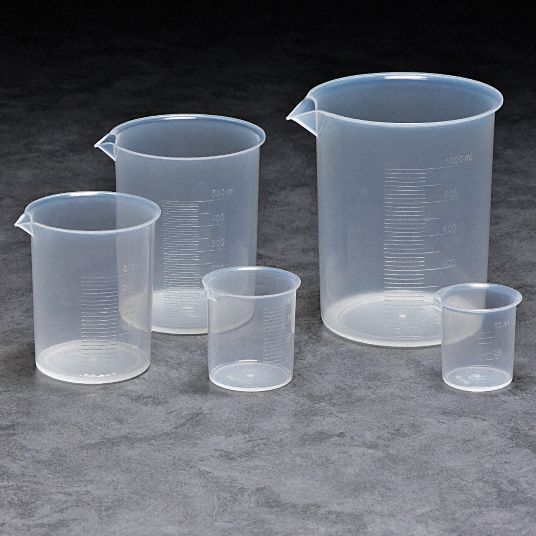 GRAINGER APPROVED Plastic Beaker Set, Low Form, 5 to 50ml, 10 to 100ml, 30 to 50ml, 50 to 500ml