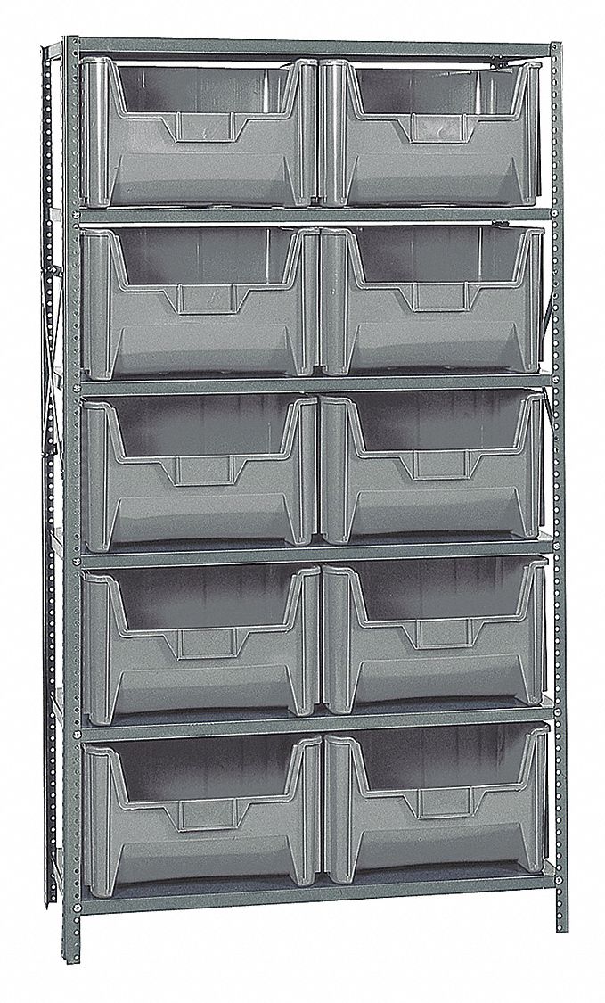 Bin Shelving: 42 in x 18 in x 75 in, 1 Sided, 10 Bins, Open, Gray, 6 Shelves