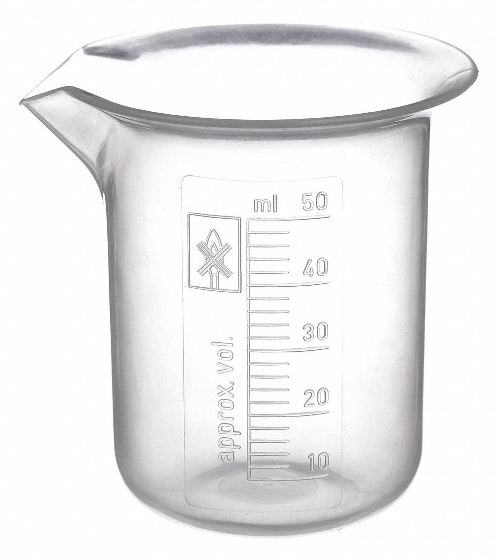 Beaker: Low Form, 50 mL Capacity - mL, 1.69 fl oz Capacity - oz, 41 mm Outside Dia, 60 mm Overall Ht