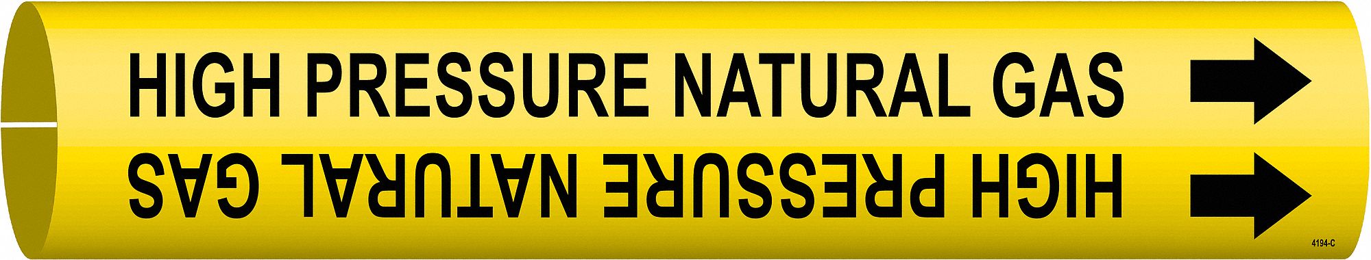 Pipe Marker: High Pressure Natural Gas, Yellow, Black, Fits 2 1/2 to 3 7/8 in Pipe O.D., With Arrows