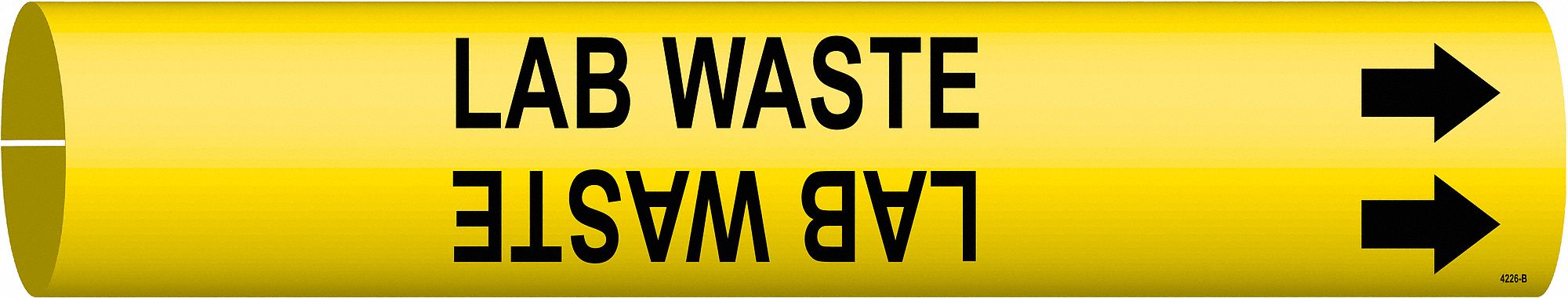 Pipe Marker: Lab Waste, Yellow, Black, Fits 1 1/2 to 2 3/8 in Pipe O.D., 1 Pipe Markers, With Arrows