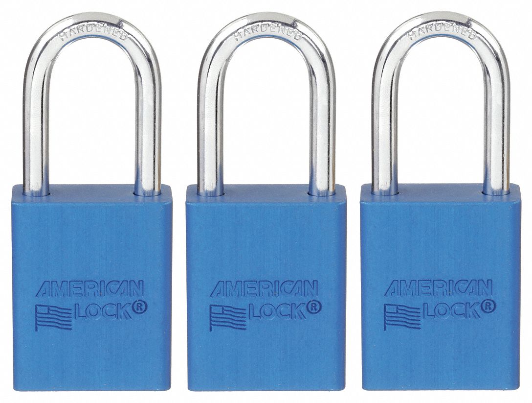 LOCKOUT PADLOCK, KEYED ALIKE, ALUMINUM, STANDARD BODY, BORON ALLOY, BLUE, 3 PK