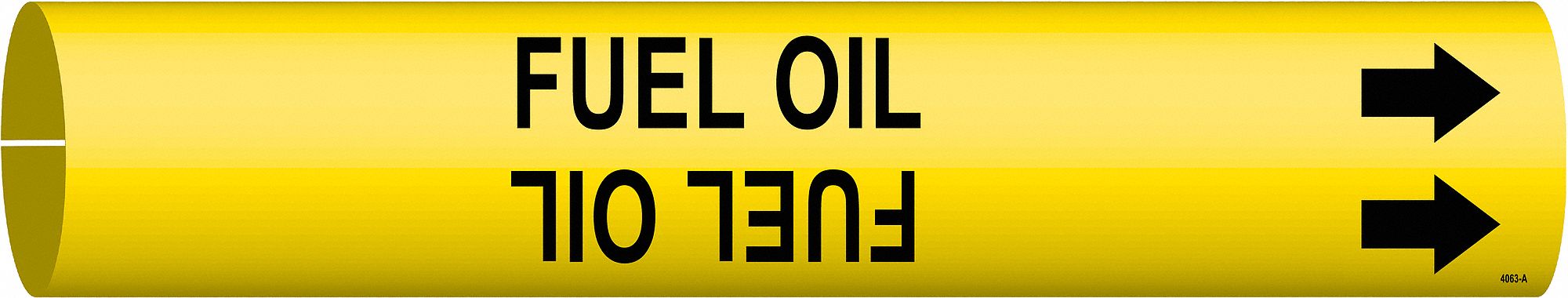 Pipe Marker: Fuel Oil, Yellow, Black, Fits 3/4 to 1 3/8 in Pipe O.D., 1 Pipe Markers, With Arrows