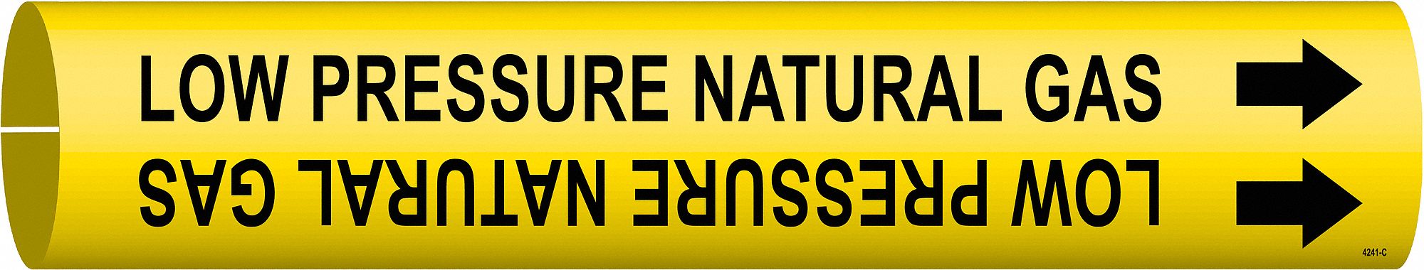 Pipe Marker: Low Pressure Natural Gas, Yellow, Black, Fits 2 1/2 to 3 7/8 in Pipe O.D., With Arrows