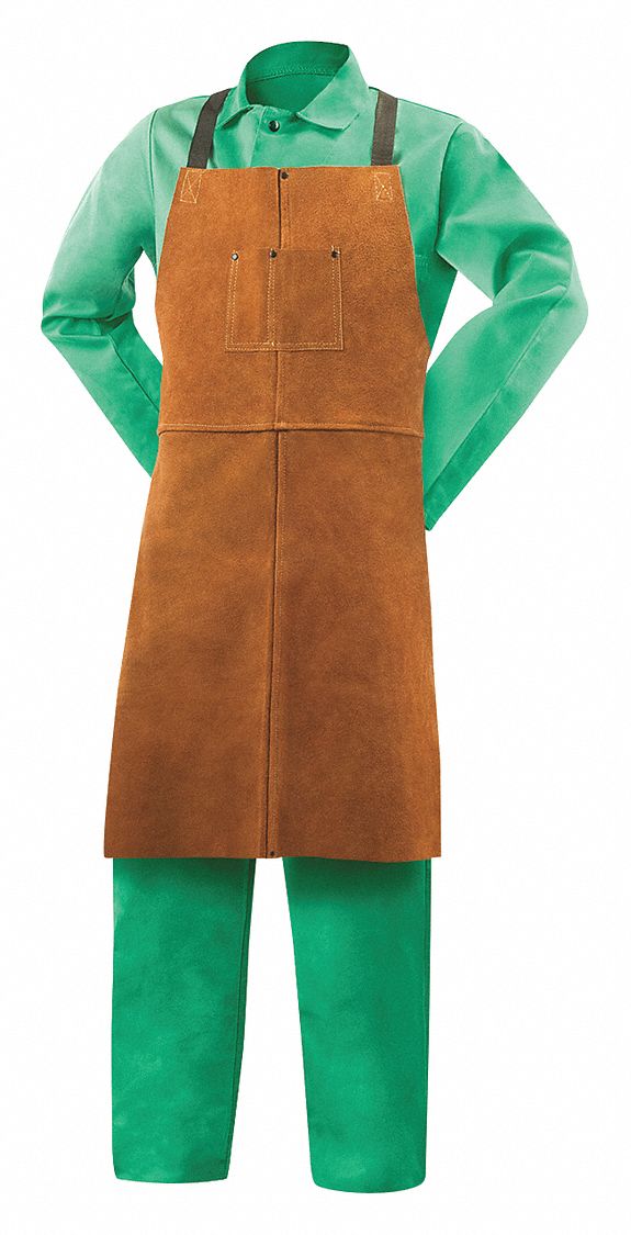 WELDING BIB APRON, 36 IN L, BROWN, COWHIDE, 3 OZ/SQ FT FABRIC WT, ADJUSTABLE BUCKLE