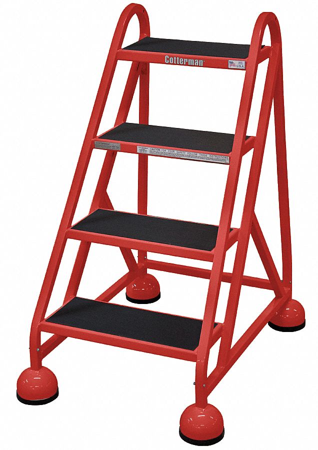 Rolling Ladder: 3 ft Platform Ht, Assembled, Steel, Wt-Actuated Auto-Lock, Ribbed